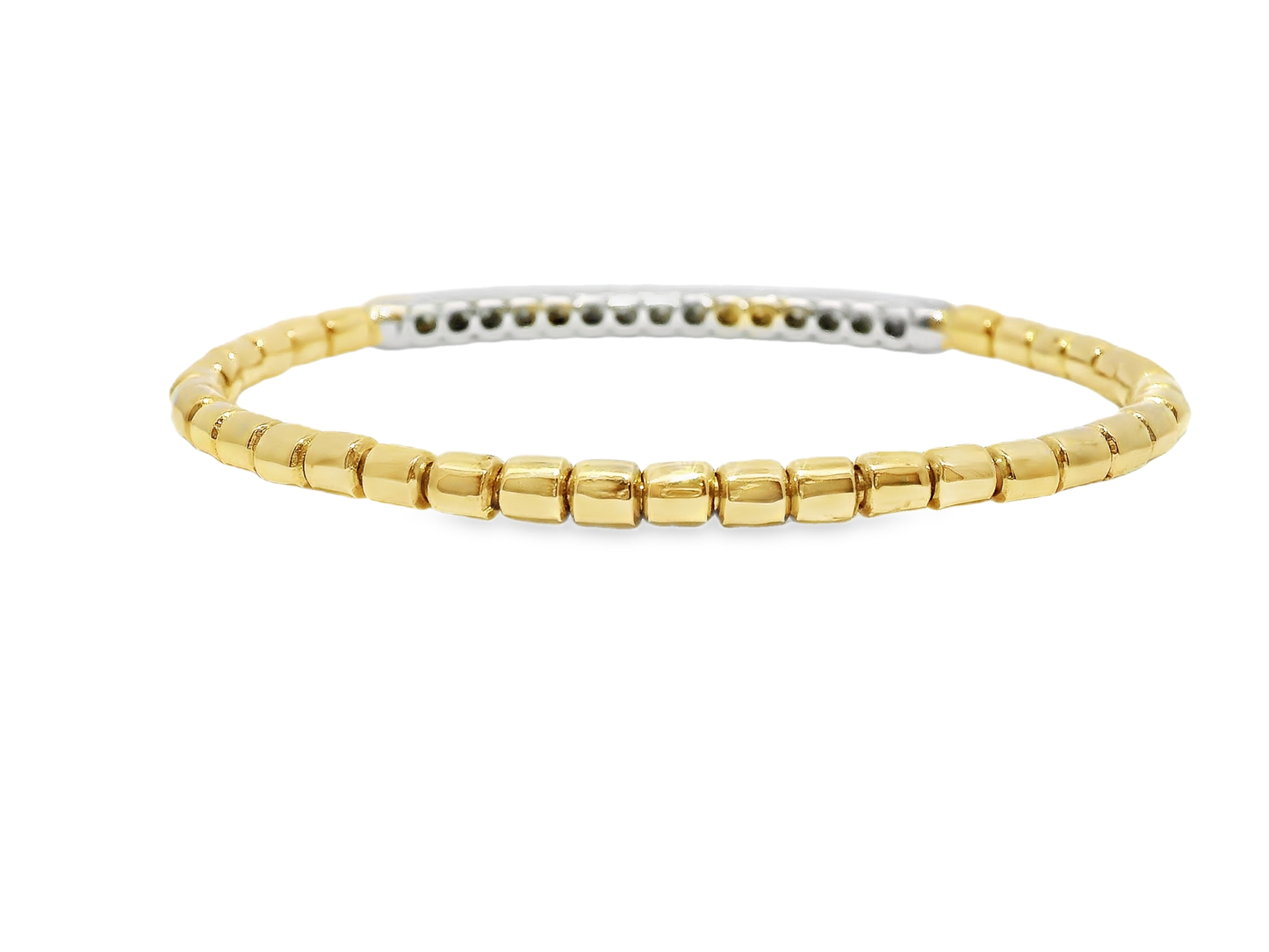 0.31CT Diamond ID Plain Beads Stretch Bangle 14k Yellow Gold