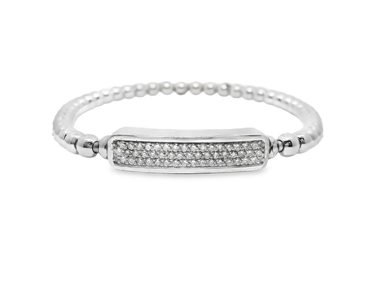 0.50CT Diamond ID Plain Beads Stretch Bangle 14k White Gold