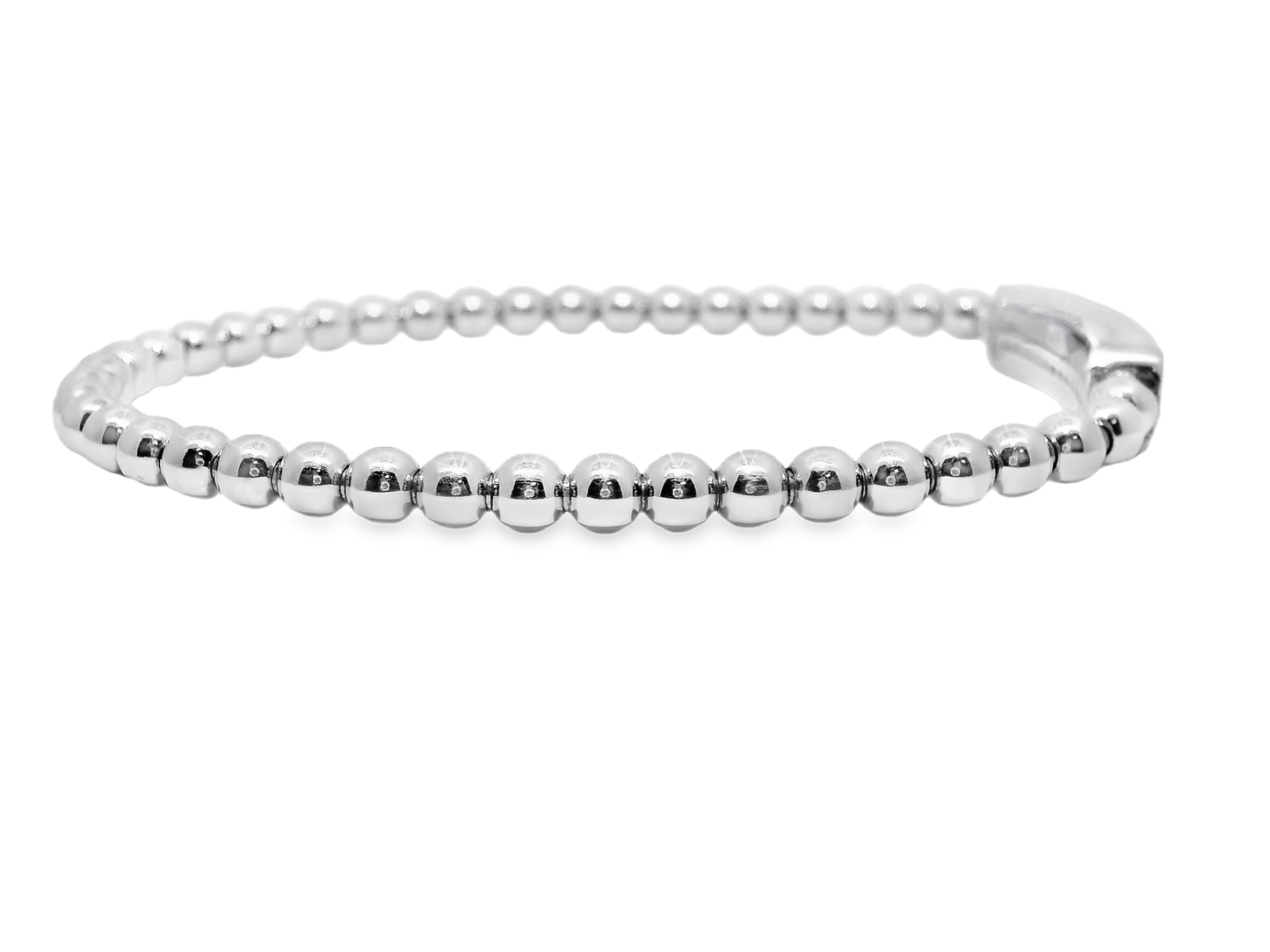 0.50CT Diamond ID Plain Beads Stretch Bangle 14k White Gold