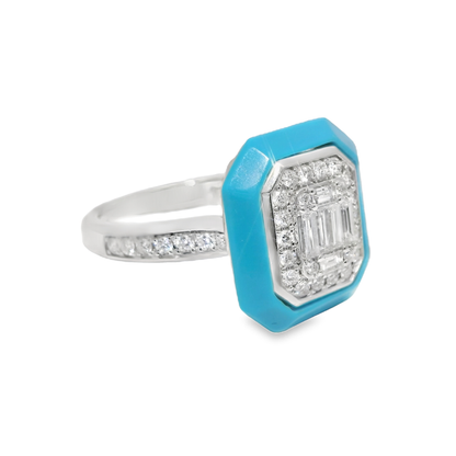 0.59CT Turquoise & Diamond Ring 14k White Gold