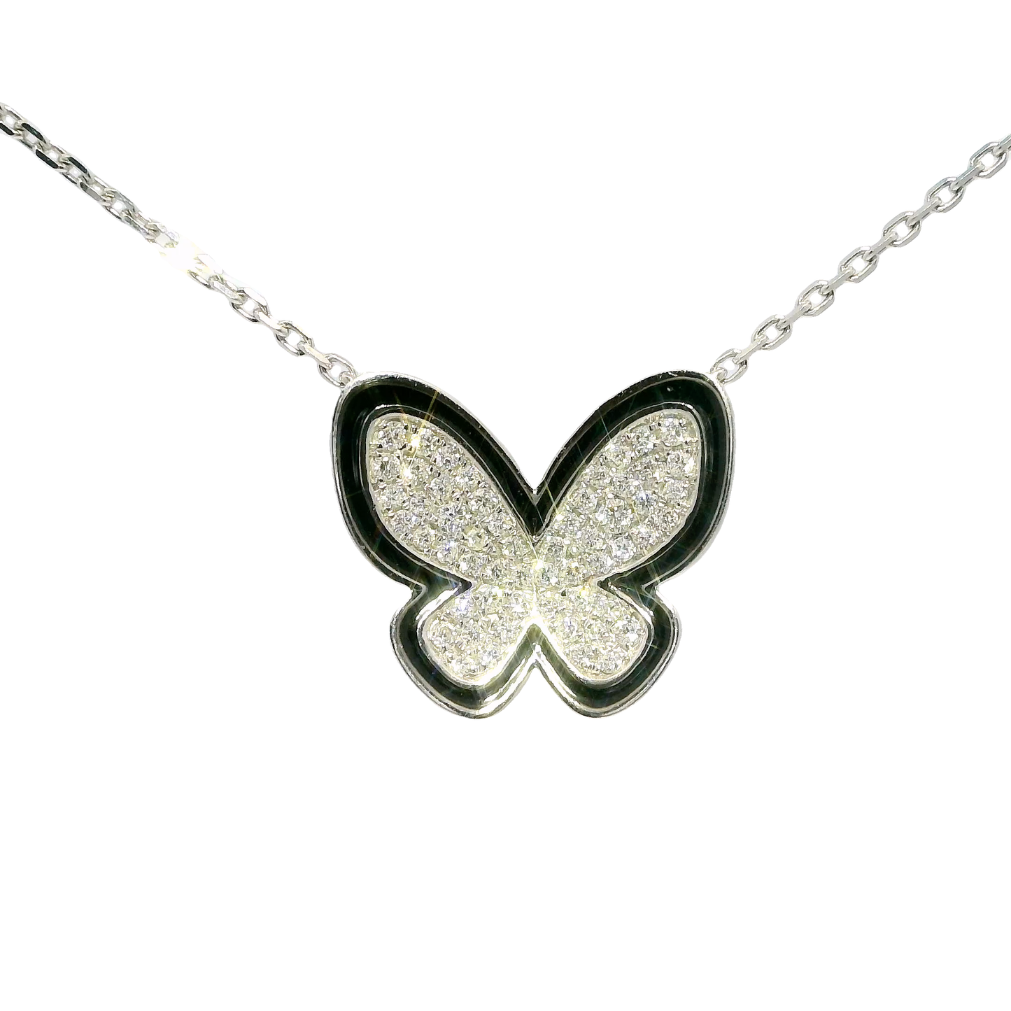 0.25CT Diamond With Black Enamel Butterfly Pendant 14k White Gold