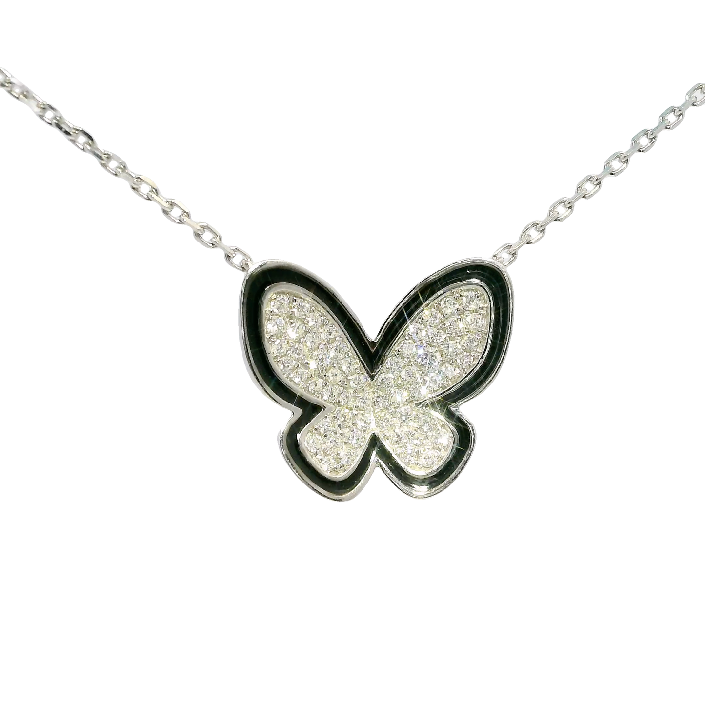0.25CT Diamond With Black Enamel Butterfly Pendant 14k White Gold