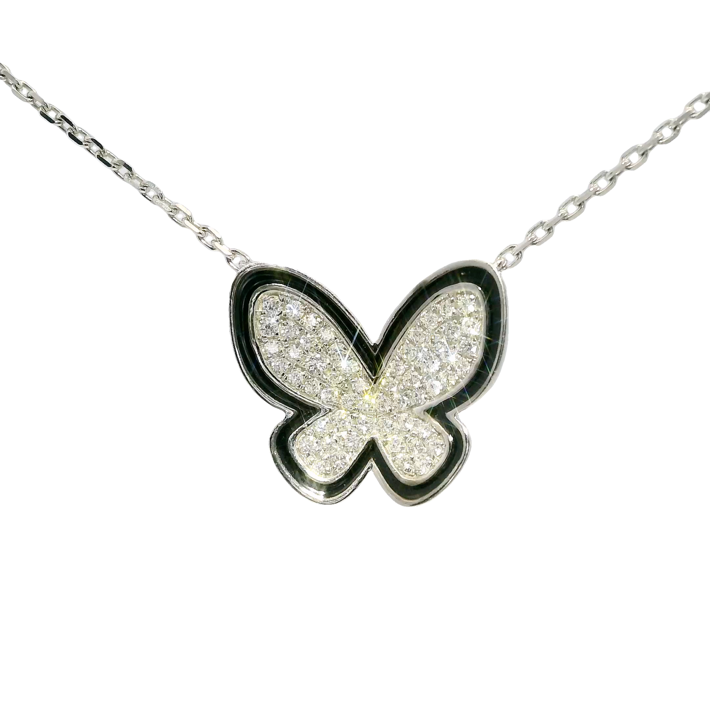0.25CT Diamond With Black Enamel Butterfly Pendant 14k White Gold