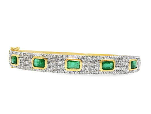 1.20CT Diamond 2.95CT Emerald Cute Bangle 14k Yellow Gold