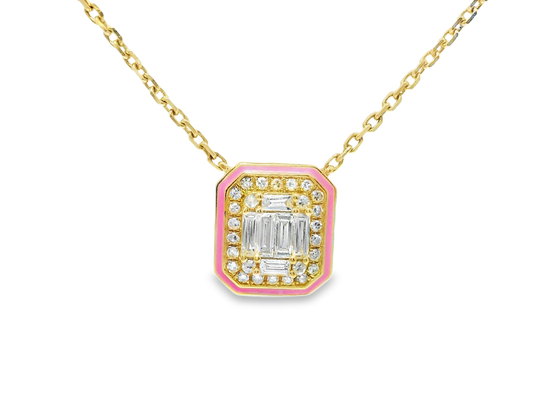 0.29CT Diamond Pendant with Pink Enamel 14k Yellow Gold