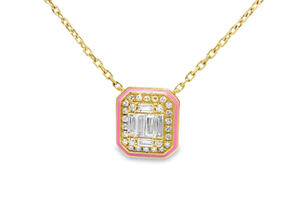 0.29CT Diamond Pendant with Pink Enamel 14k Yellow Gold