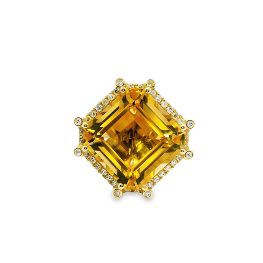 0.38CT Diamond 12.97CT Citrine Ring 14k Yellow Gold