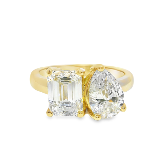 1.87CT Emerald Shape 1.38CT Pear Shape Lab Diamond Ring 14k Yellow Gold
