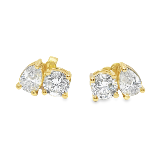 1.04Ct Round 0.75CT Pear Shape Lab Diamond Earrings 14k Yellow Gold