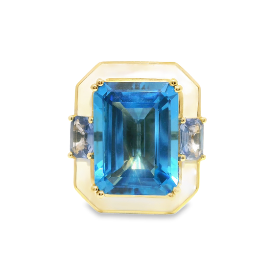 0.06CT Diamond 14.50CT London Blue and Blue Topaz Ring 14k Yellow Gold