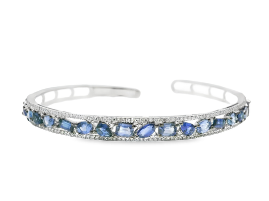 0.66CT Diamond 2.87CT Blue Sapphire Bangle 14k White Gold