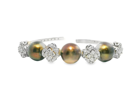 1.54CT Diamond with Brown Pearls Bangles 14k White Gold
