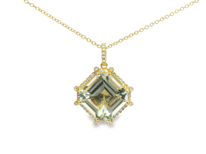 0.32CT Diamond 12.38CT Green Amethyst Pendant 14k Yellow Gold