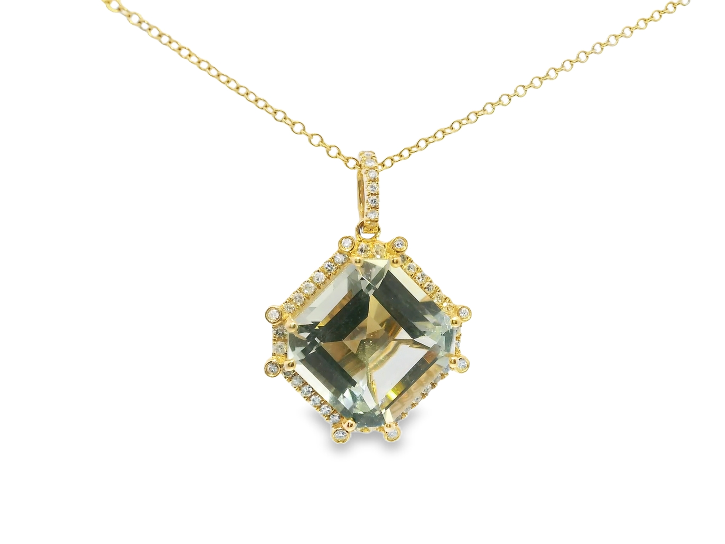 0.32CT Diamond 12.38CT Green Amethyst Pendant 14k Yellow Gold