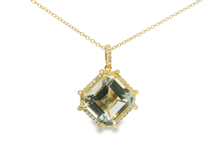 0.32CT Diamond 12.38CT Green Amethyst Pendant 14k Yellow Gold