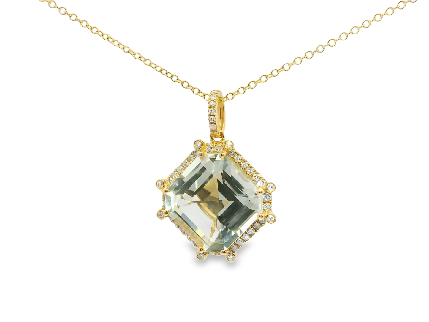 0.32CT Diamond 12.38CT Green Amethyst Pendant 14k Yellow Gold