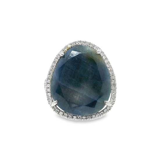 0.29CT Diamond 12.33CT Blue Sapphire Ring 14k White Gold