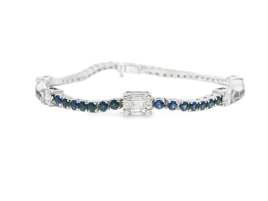 0.75CT Diamond 3.30CT Blue Sapphire Bracelet 18k White Gold