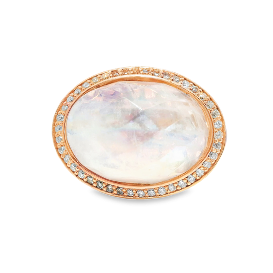 0.44CT Diamond 15.00CT Faceted Rainbow Moon Quartz 14k Rose Gold