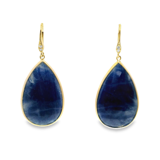 0.07CT Diamond Hoop Blue Sapphire Earring 14k Yellow Gold