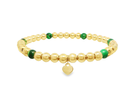 Plain Beaded with Malachite 14k Yellow Gold Bangle