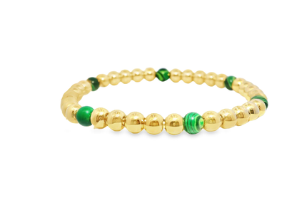 Plain Beaded with Malachite 14k Yellow Gold Bangle