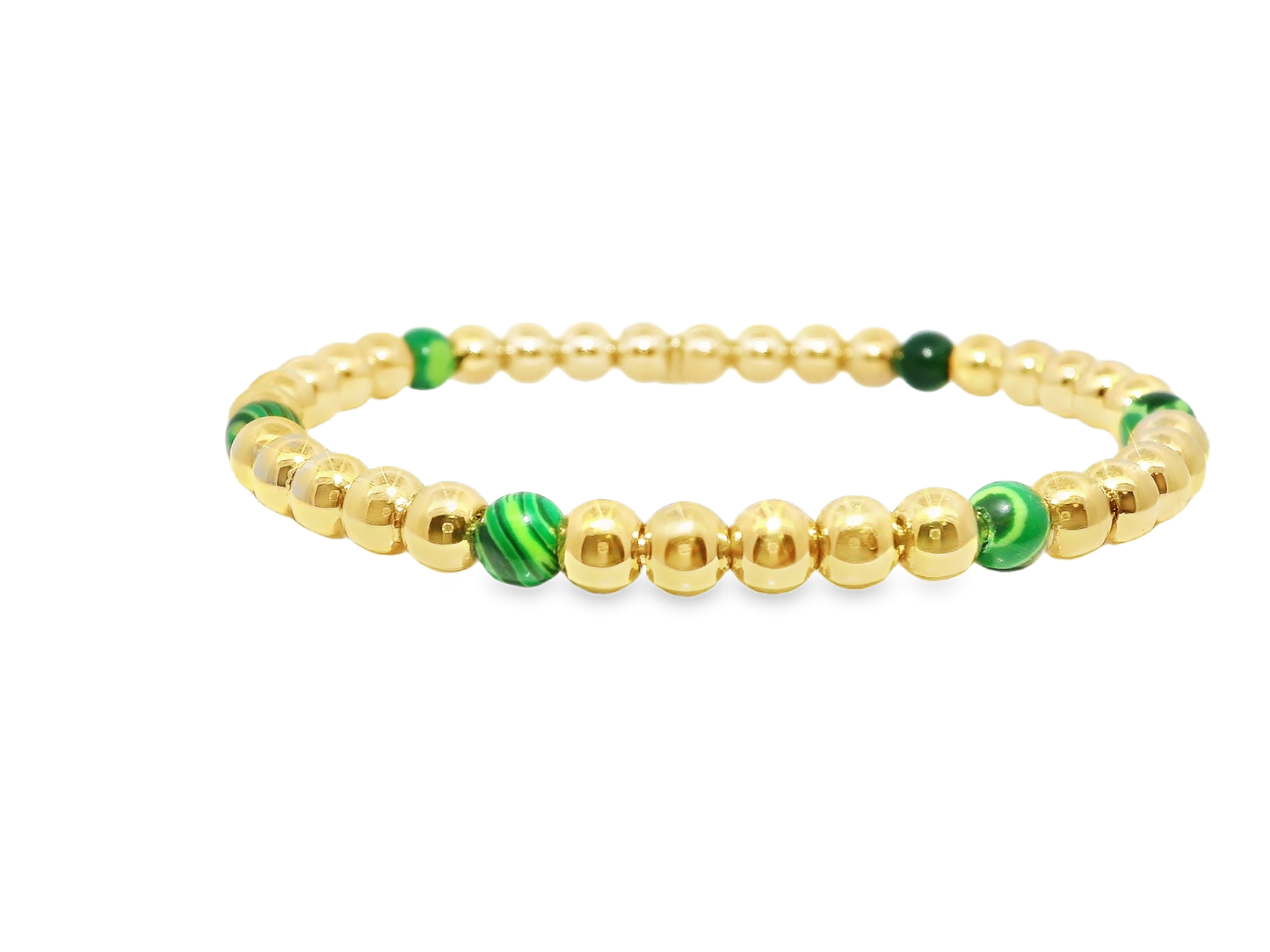 Plain Beaded with Malachite 14k Yellow Gold Bangle