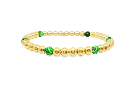 Plain Beaded with Malachite 14k Yellow Gold Bangle