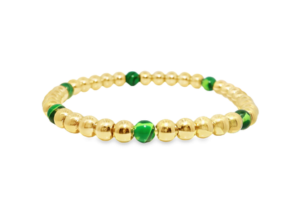 Plain Beaded with Malachite 14k Yellow Gold Bangle