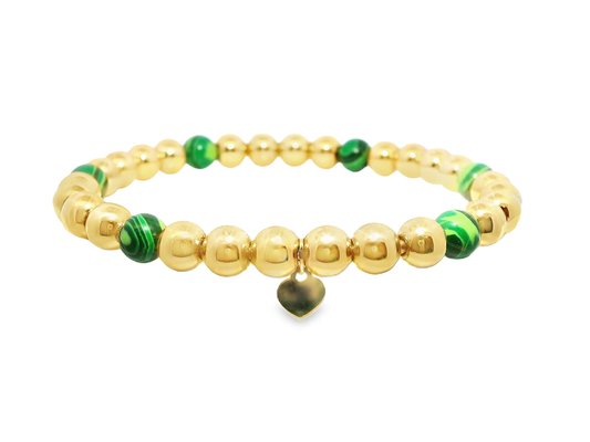 Plain Beaded with Malachite 14k Yellow Gold Bangle