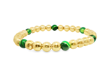 Plain Beaded with Malachite 14k Yellow Gold Bangle