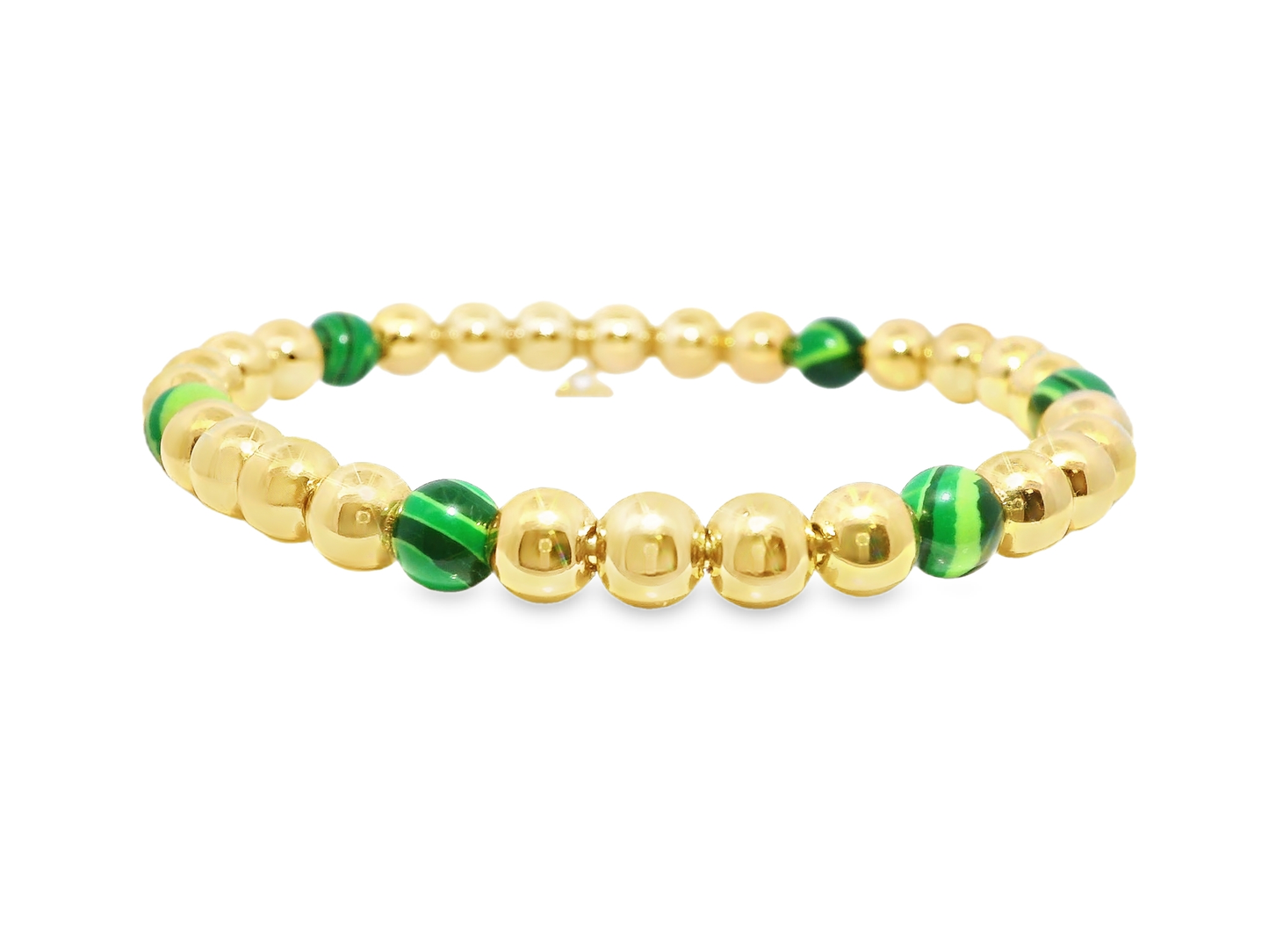 Plain Beaded with Malachite 14k Yellow Gold Bangle