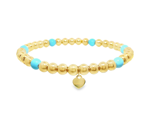 Plain Beaded with Turchese 14k Yellow Gold Bangle