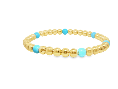 Plain Beaded with Turchese 14k Yellow Gold Bangle
