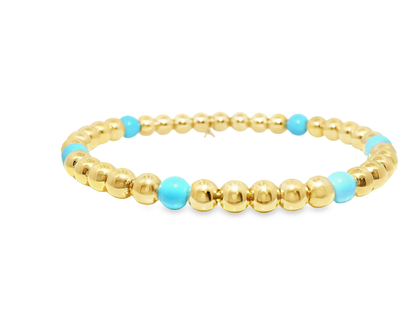 Plain Beaded with Turchese 14k Yellow Gold Bangle