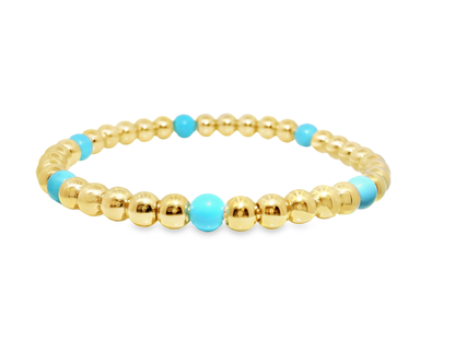Plain Beaded with Turchese 14k Yellow Gold Bangle