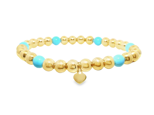 Plain Beaded with Turchese 14k Yellow gold Bangle