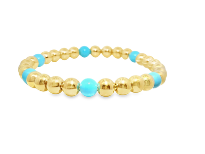 Plain Beaded with Turchese 14k Yellow Gold Bangle Thicker