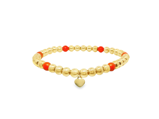 Plain Beaded with Corallo 14k Yellow Gold Bangle