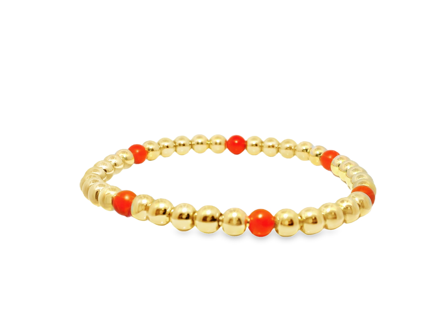 Plain Beaded with Corallo 14k Yellow Gold Bangle