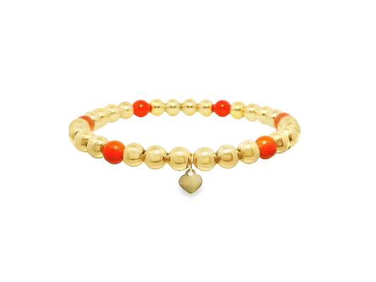 Plain Beaded with Corallo 14k Yellow Gold Bangle