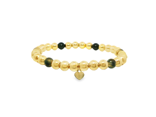 Plain Beaded with Onyx 14k Yellow Gold Bangle