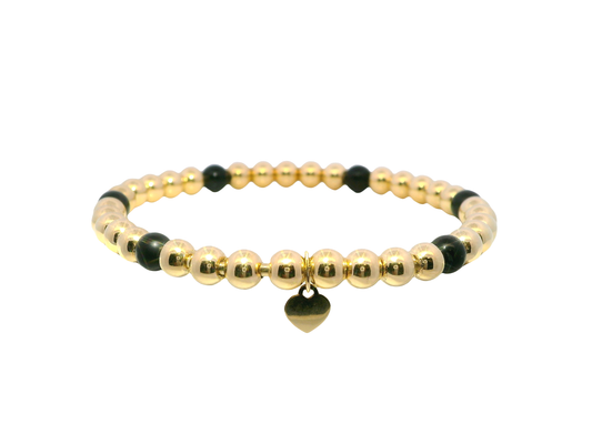 Plain Beaded with Onyx 14k Yellow Gold Bangle