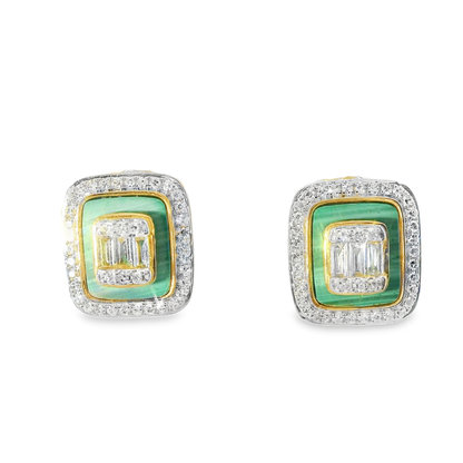 0.45CT Diamond with Green Malachite  14k Yellow Gold Earring