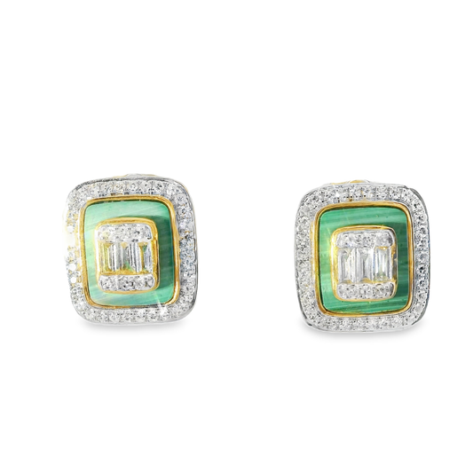 0.45CT Diamond with Green Malachite  14k Yellow Gold Earring