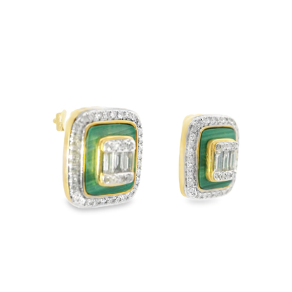 0.45CT Diamond with Green Malachite  14k Yellow Gold Earring