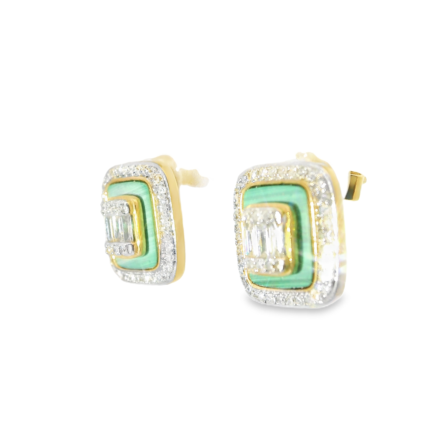0.45CT Diamond with Green Malachite  14k Yellow Gold Earring