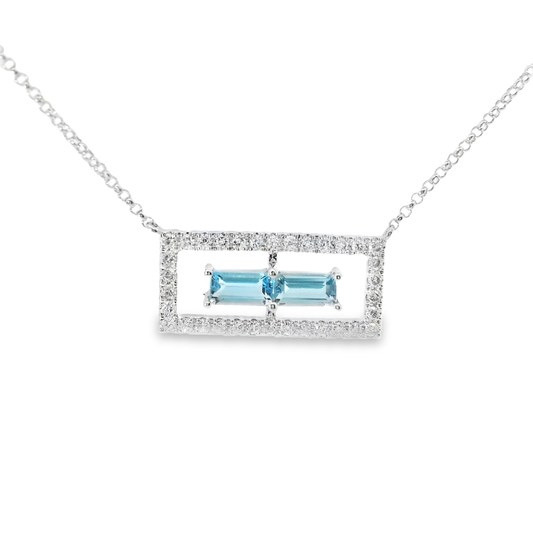 0.23CT Diamond 0.53CT Baguette Blue Topaz Pendant 14k White  Gold