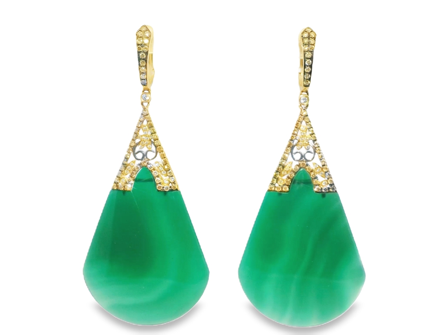 0.80CT Diamond with Green Agate Earrings 14k Yellow Gold