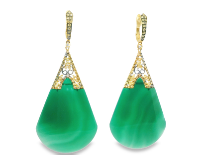 0.80CT Diamond with Green Agate Earrings 14k Yellow Gold